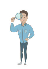 Fototapeta premium Young hispanic businessman using a magnifying glass for search. Businessman looking through a magnifying glass. Concept of search. Vector sketch cartoon illustration isolated on white background.