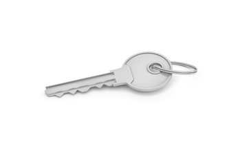 3d rendering of a single silver key for a pin tumbler lock isolated on white backgroun