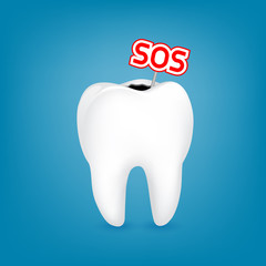 Tooth symbol with SOS sign. Human body part requires care or medical treatment due to disease or impact of adverse on health. Dental care concept. Illustration isolated on white background.