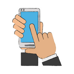 Colorful hand with smartphone doodle over white background vector illustration