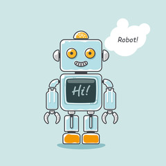 Retro robot isolated on light blue background with word 