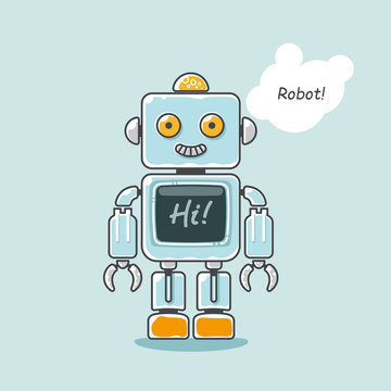 Retro robot isolated on light blue background with word "Hi!" on the screen.  Vector illustration.