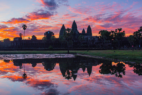 The silhouette of Angkor Wat before sunrise