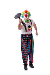 Funny clown with a hammer isolated on white background