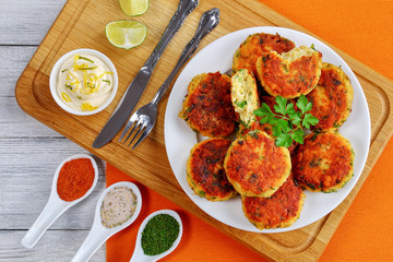 tasty fish cakes on white plate