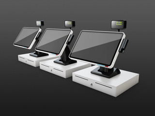 Cash registers in a row, isolated on black background, 3d illustration