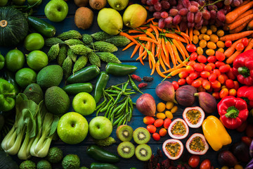 Top view of fresh fruits and vegetables organic, Different fruits and vegetables for eating healthy