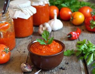 Adjika from tomato, bulgarian pepper, chilli and garlic