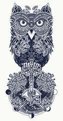 Owl tattoo and t-shirt design. Owl, vintage crossed keys and all seeing eye in ethnic celtic style t-shirt design. Owl tattoo symbol of wisdom, meditation, thinking, mystic