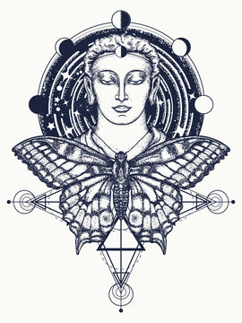 Buddha and butterfly tattoo. Buddha face tattoo art. Symbol of immortality, enlightenment, religion, magic. Space god Buddha and butterfly in deep space t-shirt design. Buddhism tattoo