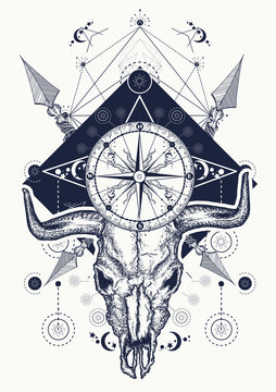 Skull bull tattoo and t-shirt design. Wild west art, bison skull, compass, crossed arrows. Symbol of western, wild West, crime, outdoors. Cowboy t-shirt design