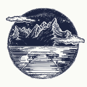 Mountains landscape tattoo and t-shirt design. Mystical symbol of tourism, dream, camping, travel. Night mountain lake tattoo and t-shirt design. Pier on lake