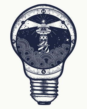 Lighthouse in a lightbulb, surreal tattoo and t-shirt design. Lighthouse on cliff in stormy weather tattoo, Lighthouse and rose compass t-shirt design. symbol of meditation, hiking, adventures