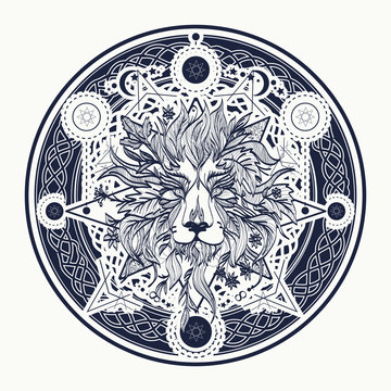 Medieval lion tattoo and t-shirt design. Ornamental Tattoo Lion Head. Alchemy, religion, spirituality, occultism, tattoo lion art, coloring books. Mystic Lion sketch tattoo art