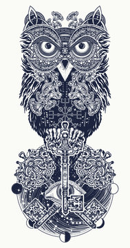 Owl tattoo and t-shirt design. Owl, vintage crossed keys and all seeing eye in ethnic celtic style t-shirt design. Owl tattoo symbol of wisdom, meditation, thinking, mystic
