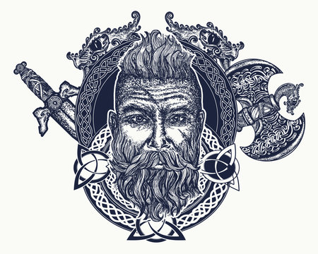 Viking tattoo, Symbol of force, courage. Scandinavian mythology, viking art print t-shirt design. Bearded barbarian of Scandinavia, crossed swords, pole-axe, god Odin