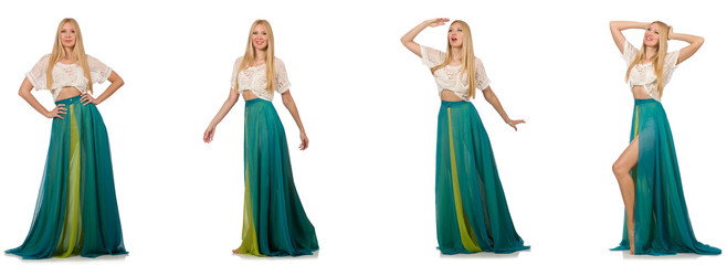 Woman in fashion concept in green dress on white