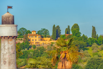 Fototapeta na wymiar Beautiful landscape above, panorama on historical view Gardens of Bardini (Giardino Bardini) from Piazzale Michelangelo point. Italy.