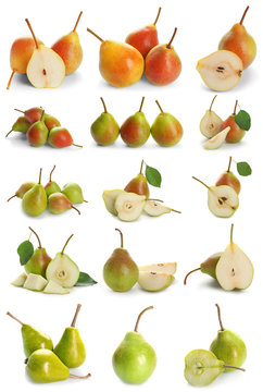 Collection of fresh ripe pears isolated on white