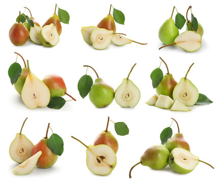 Set of sliced and whole ripe pears isolated on white