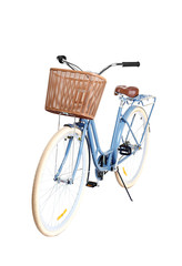 Bicycle with wicker basket on white background