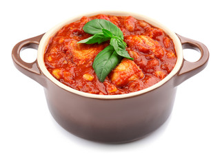 Casserole with delicious chili turkey on white background