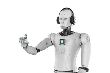 robot wearing headset and hand pointing