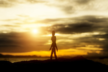 Silhouettes of wooden models feel lonely at sunset.