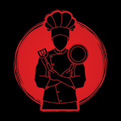 Chef cook standing crossed arms with pan and spatula designed on sunlight background graphic vector.