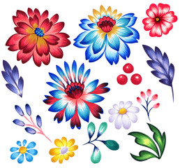 zestaw ludowych elementów kwiatowych, kwiatów i liści. - 168568224