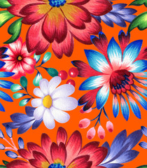seamless pattern with folk style flowers and leaves, ethnic design.