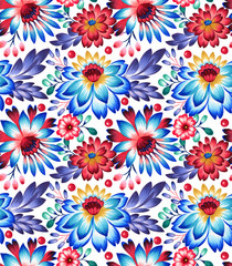 Fototapeta na wymiar seamless pattern with folk style flowers and leaves, ethnic design.