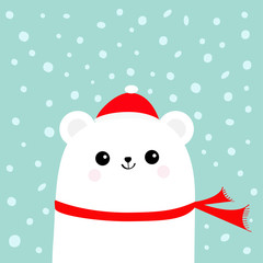 Polar white little small bear cub wearing hat and red scarf. Head face with eyes smile. Cute cartoon baby character. Arctic animal collection. Flat design Winter blue background Snow flake.