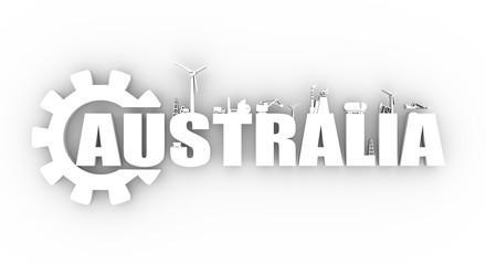 Energy and Power icons. Sustainable energy generation and heavy industry. Australia word decorated by gear. 3D rendering.