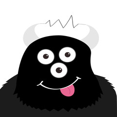 Monster head with eyes, horns, tongue, electricity line. Black color. Funny Cute cartoon character. Baby collection. Isolated. Happy Halloween card. Flat design. White background.