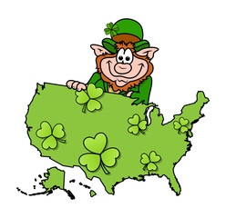 Happy Leprechaun with Clover Leaves USA Map