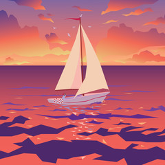 White boat with sail and red flag. Sunset on tropical ocean. Vector.