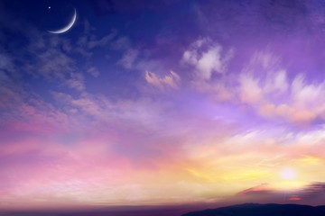Beautiful scenery . Dramatic nature background .Scenic mountains at dawn time .Colorful of sunset sky . Ramadan background . Prayer time .  Dramatic nature background .  