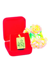 Gold pendant cameo earring jewelry with flowers isolated on white