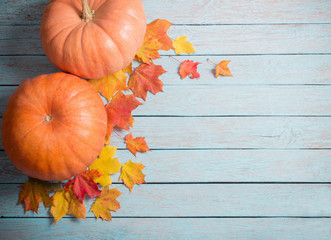 autumn leaves and pumpkins on blue wooden background