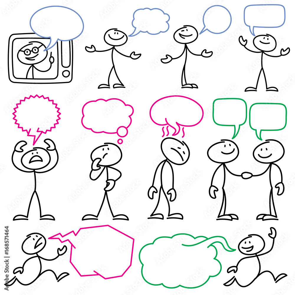 Poster vector sketch stick figures with blank dialog bubbles