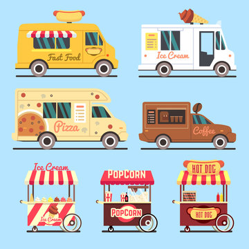 Street fast food delivery trucks flat set