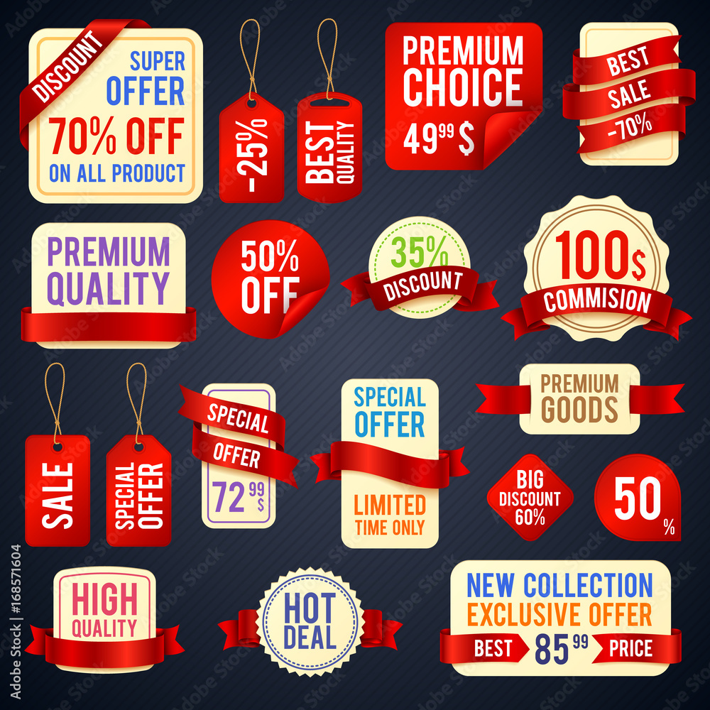 Poster holiday sale ribbon banners and sticker badges with promotional text vector set