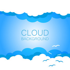 Clouds in the sky with sun rays. Flat vector illustration in cartoon style. Blue colorful background.