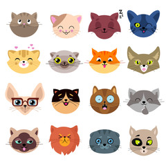 Fun cartoon cat faces. Cute kitten portraits vector set
