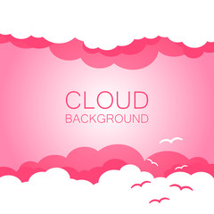 Clouds in the sky with sun rays. Flat vector illustration in cartoon style. Pink colorful sunset background.