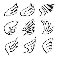 Cartoon angel wings vector set. Sketch doodle winged abstract emblems isolated on white background