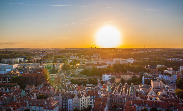 Cityscape aerial view on the old town on the sunset in Gdansk, Poland