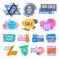 Promotion badges, best offer and price stickers and discount labels vector set