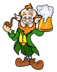 Cartoon Old Leprechaun Character Holding a Beer Glass